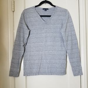 TOMMY HILFIGER gray silver metallic thread long sleeve v neck knit top M
